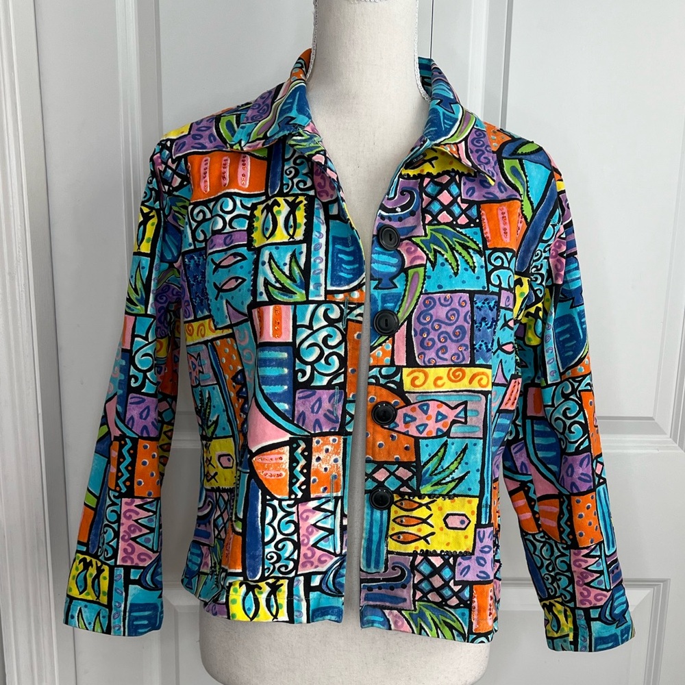 Lifestyle Petite Vintage Multicolor Abstract Print Short Jacket Sequins Beads